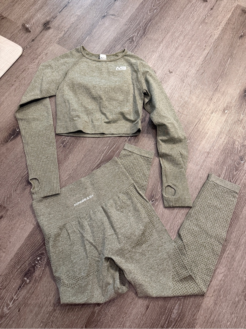 NWOT MINIBEAST Olive Green Seamless Crop Top & Legging Set